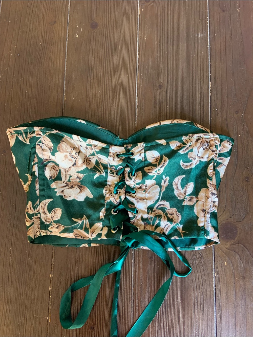 SHEIN Green Floral Lace-Up Strapless Crop Top